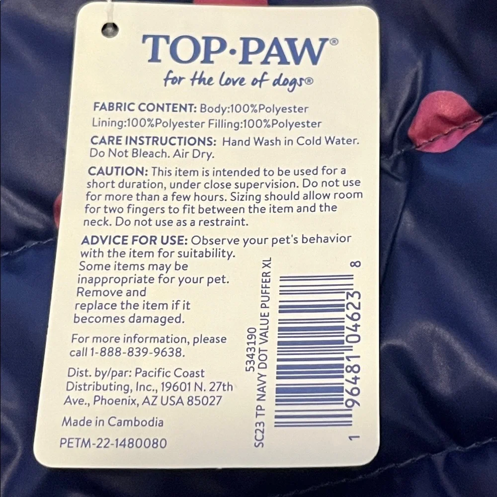 Dog Puffer Jacket with Polka Dots by Top Paw size XL NWT